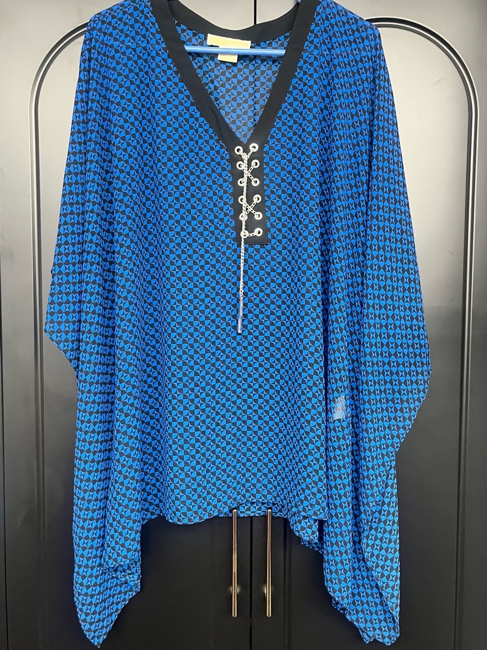 Michael Kors Blue Geometric Lace-Up V-Neck Tunic
